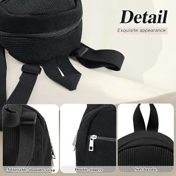 Corduroy Mini Backpack Womens Small Travel Shopping Purse Black - Picture 3 of 7